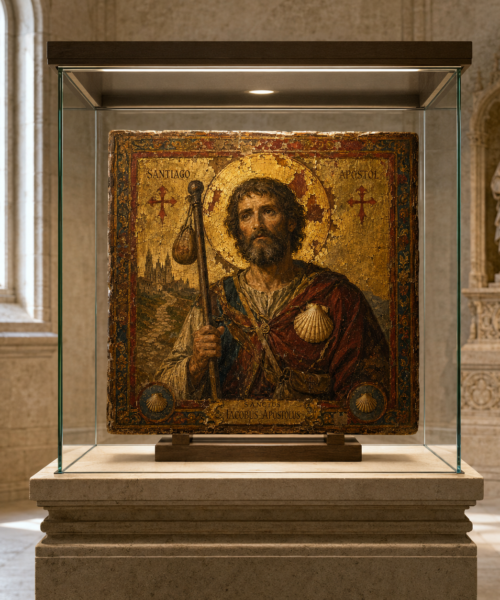 Santiago Apóstol Icon Print, Saint James the Greater Wall Art, Camino de Santiago Catholic Art, Ancient Spanish Gold Leaf Christian Download