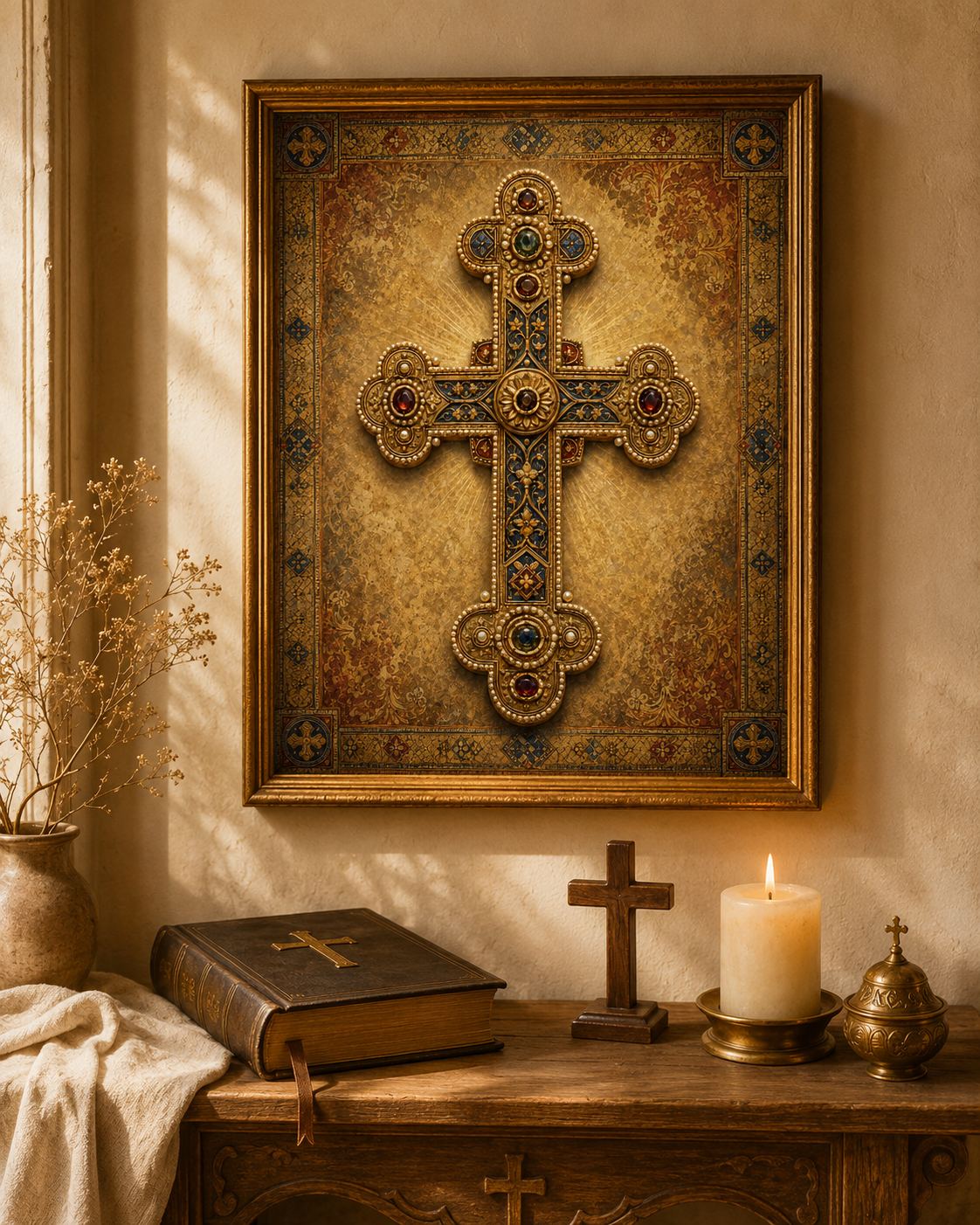 Byzantine Cross Printable Wall Art, Orthodox Catholic Gold Cross Print, Crux Gemmata Christian Icon Art, Sacred Prayer Corner Decor - Image 2