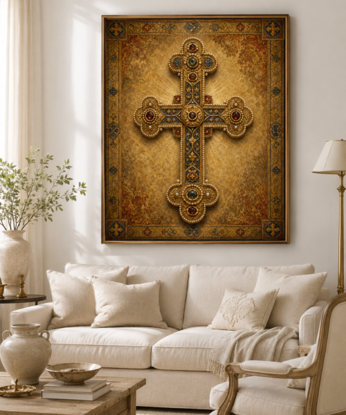 Byzantine Cross Printable Wall Art, Orthodox Catholic Gold Cross Print, Crux Gemmata Christian Icon Art, Sacred Prayer Corner Decor