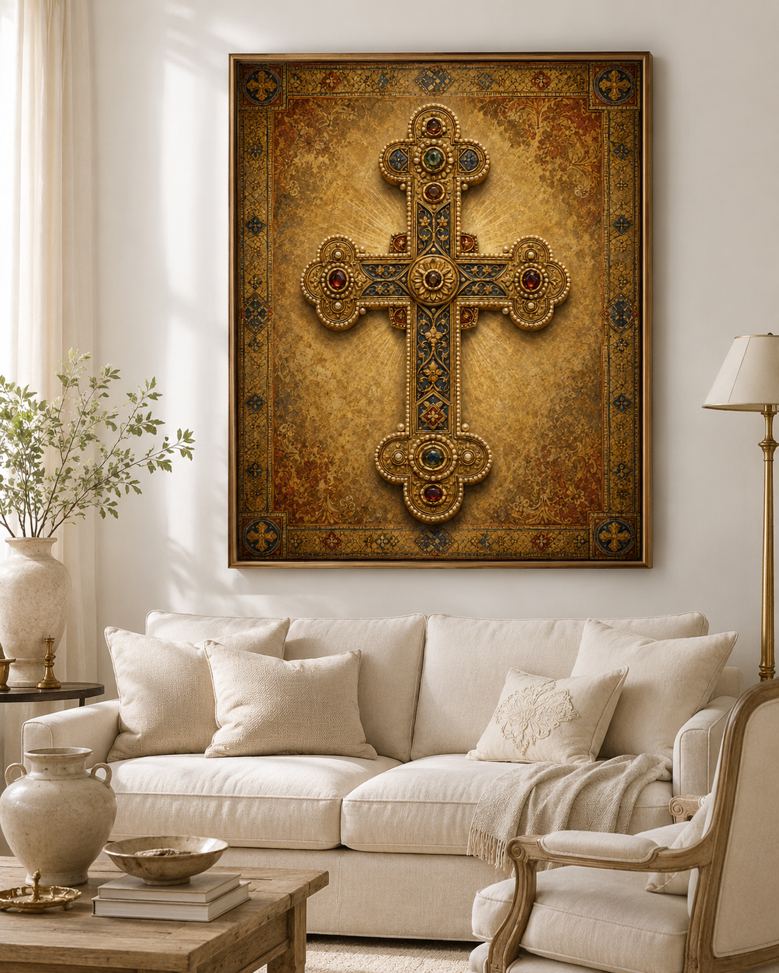 Byzantine Cross Printable Wall Art, Orthodox Catholic Gold Cross Print, Crux Gemmata Christian Icon Art, Sacred Prayer Corner Decor