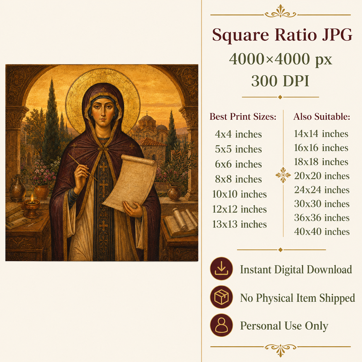 Saint Kassiani Icon Print, St Kassia the Hymnographer Orthodox Wall Art, Byzantine Women Saint Digital Download, Greek Christian Prayer Corner - Image 6