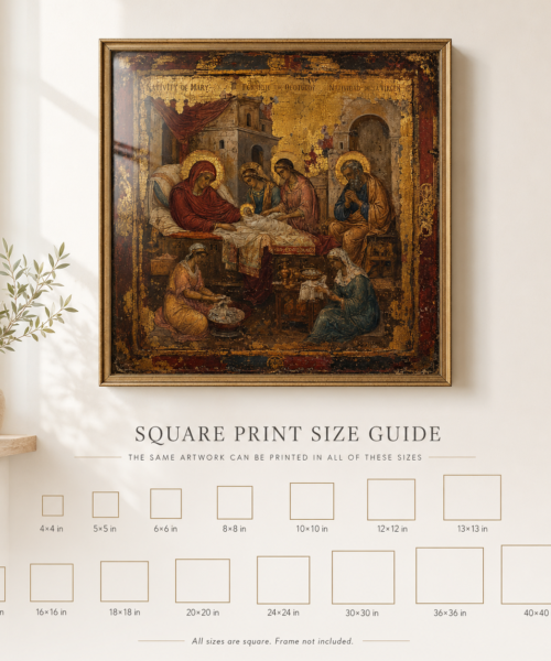Nativity of Mary Icon Print, Natividad de la Virgen, Nativity of the Theotokos, Byzantine Orthodox Catholic Gold Leaf Wall Art, Digital Download
