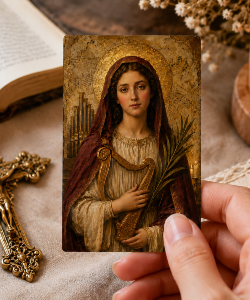 Saint Cecilia Prayer Card Printable, Catholic Mini Icon 5x8 cm, Patron Saint of Music Gift, Confirmation Saint Digital Download