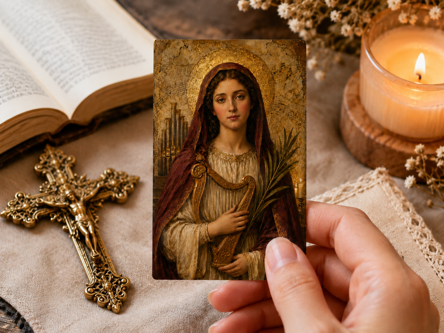 Saint Cecilia Prayer Card Printable, Catholic Mini Icon 5x8 cm, Patron Saint of Music Gift, Confirmation Saint Digital Download