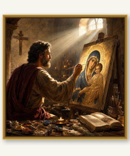 Saint Luke Painting Virgin Mary Print, Patron Saint of Artists, Catholic Orthodox Icon Art, Christian Studio Wall Decor Download