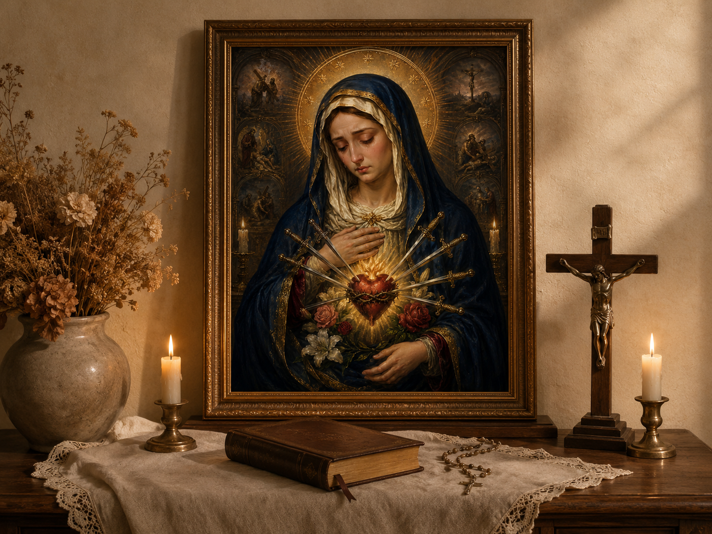 Our Lady of the Seven Sorrows Print, Mater Dolorosa Catholic Wall Art, Sorrowful Mother Mary Printable, Marian Devotional Art, 4:5 JPG - Image 2