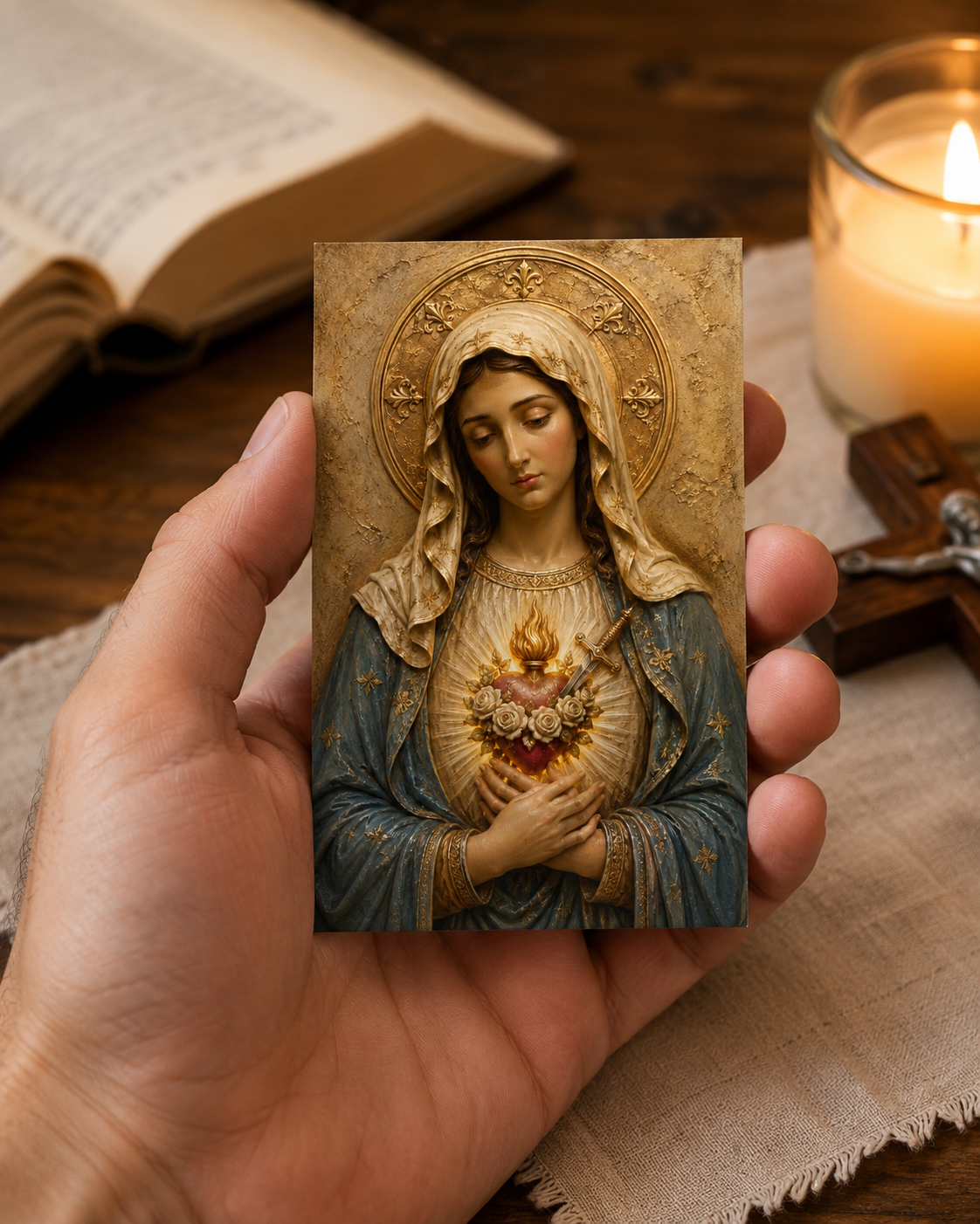 Immaculate Heart of Mary Mini Print, Catholic Prayer Card Printable, 8x5 cm Marian Pocket Icon, Virgin Mary Home Altar Art