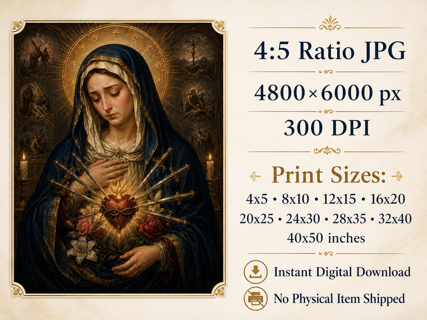 Our Lady of the Seven Sorrows Print, Mater Dolorosa Catholic Wall Art, Sorrowful Mother Mary Printable, Marian Devotional Art, 4:5 JPG - Image 6