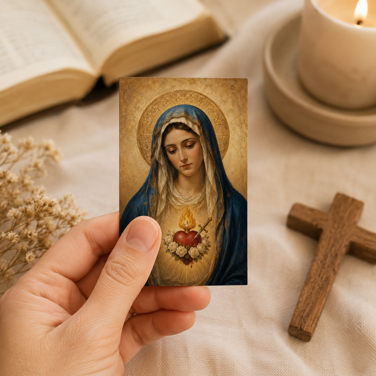 Immaculate Heart of Mary Mini Prayer Card Printable, 8x5 cm Catholic Pocket Icon, Marian Devotional Art, Home Altar Digital Download