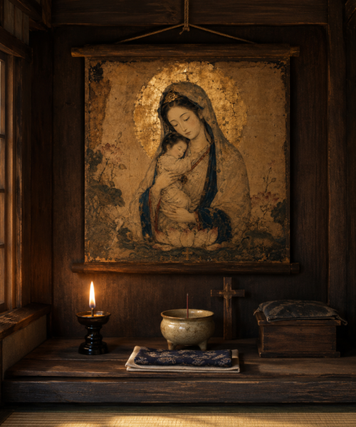 Maria Kannon Print, Kakure Kirishitan Wall Art, Hidden Christians of Japan, Japanese Virgin Mary and Child, Catholic Marian Icon Digital Download