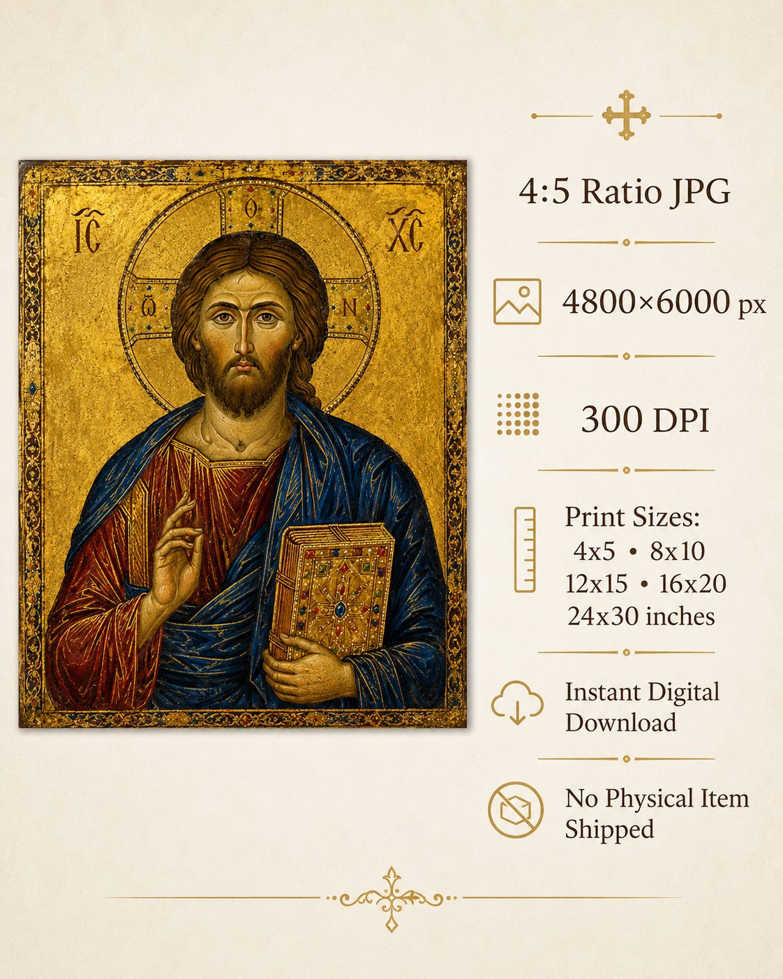 Christ Pantocrator Icon Printable, Byzantine Jesus Wall Art, Orthodox Catholic Sacred Art, Gold Christian Icon Digital Download JPG - Image 6