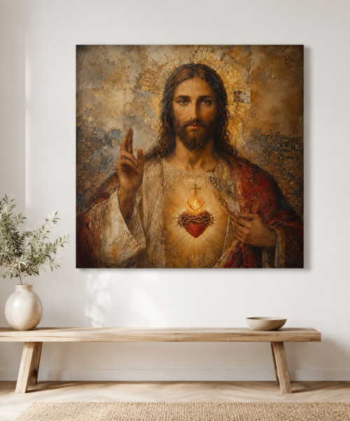 Sacred Heart of Jesus Wall Art, Catholic Digital Download, Ancient Fresco Jesus Print, Gold Mosaic Christian Icon, Prayer Room Decor