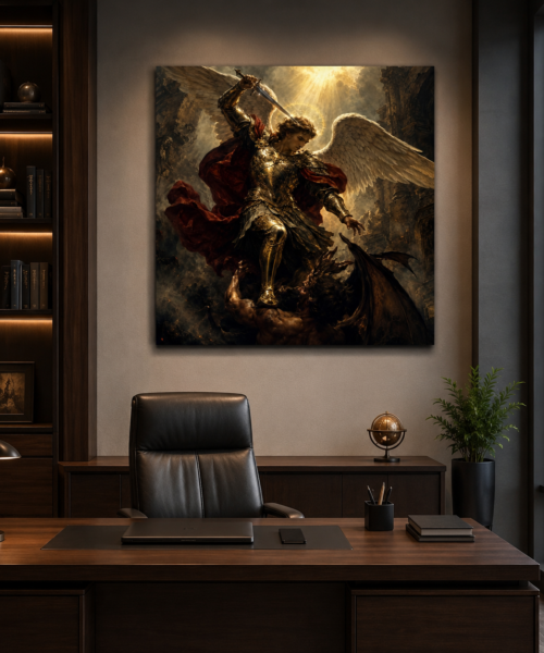 Saint Michael Archangel Battle Wall Art, Catholic Warrior Angel Print, Spiritual Warfare Decor, Defeating Satan Digital Download, Christian Office Art