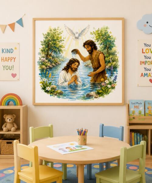Baptism of Jesus Watercolor Print | John the Baptist Holy Spirit Dove | Christian Wall Art | Bible Story Illustration | Instant Download