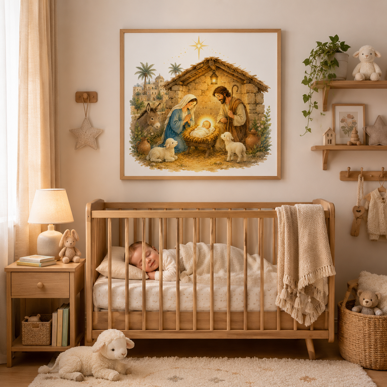 Nativity Scene Watercolor Print, Holy Land Christmas Art, Baby Jesus Bethlehem Illustration, Christian Wall Art, Digital Download JPG